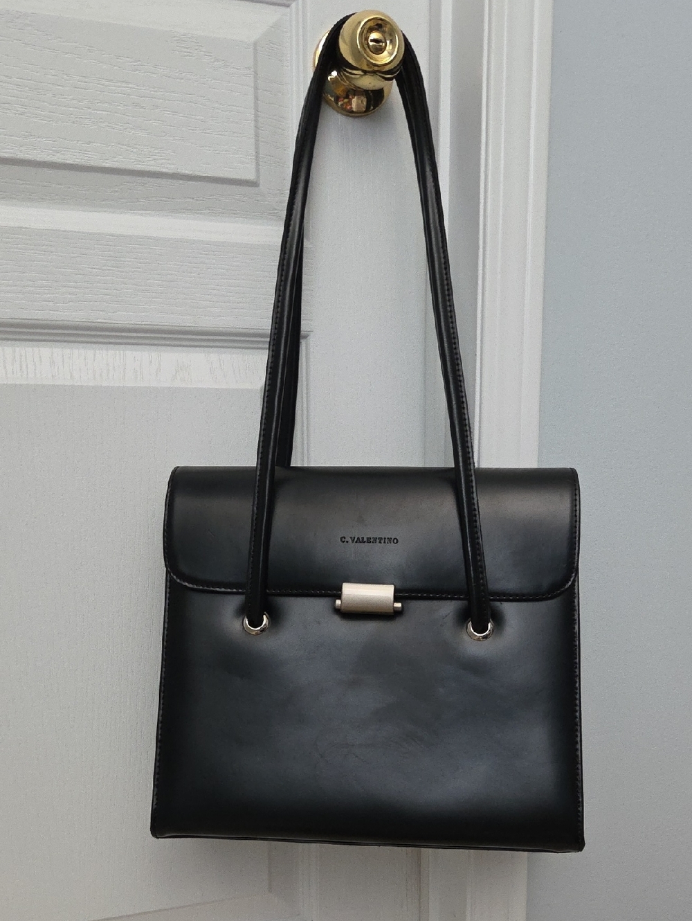 C. Valentino Sleek Black Leather Double-Handle Shoulder Bag w Silver Push Lock